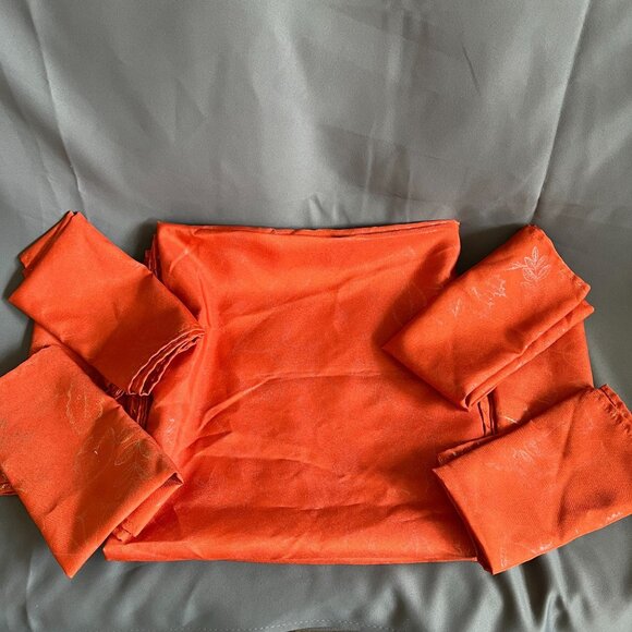 Other Other - Vintage Orange Jacquard Fabric Tablecloth & Napkins Set With Subtle Botanical Pa